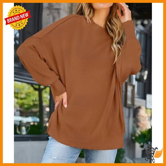 Oversized Ribbed Knit Pullover Sweater Long Sleeve Crew Neck Side Slit - Picture 5 of 7